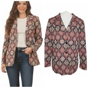 Vintage Women's Diamond Patterned Blazer Jacket size large black orange tan